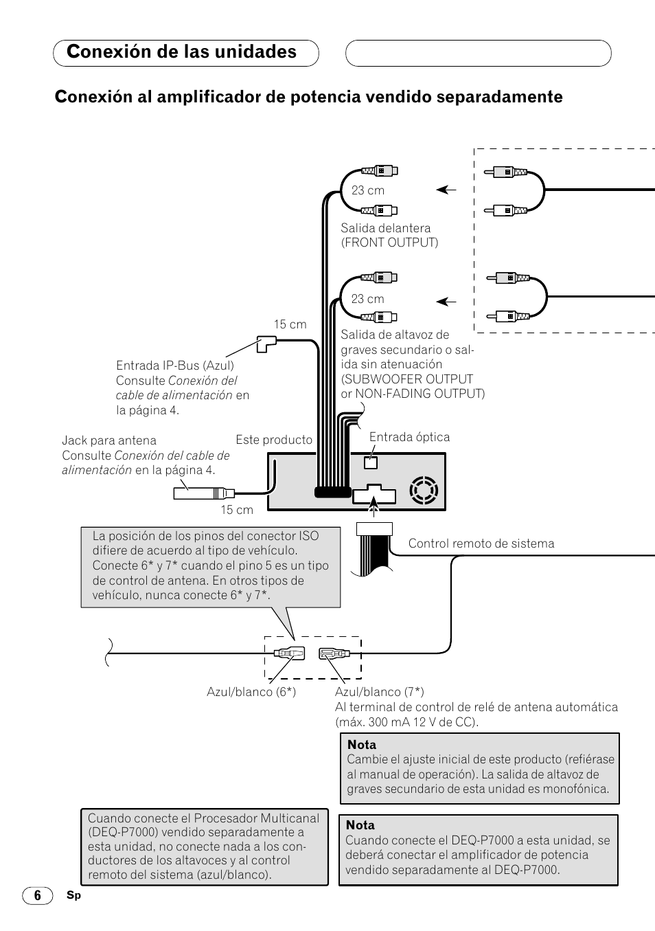 Conexión al amplificador de potencia ven, Dido separadamente 6, Conexión de las unidades | Pioneer DVH-P7000R User Manual | Page 18 / 76