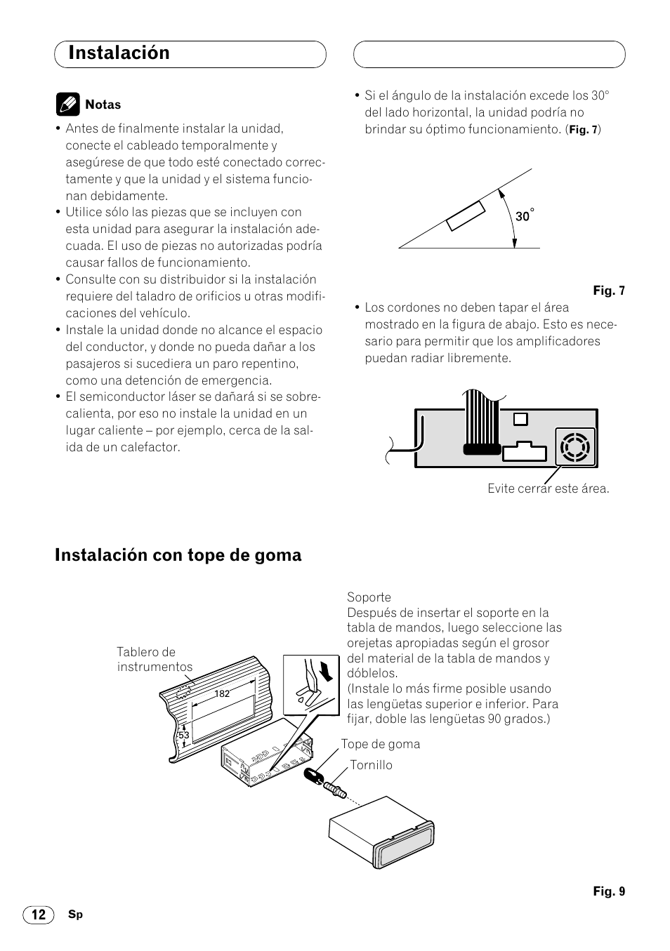 Instalación con tope de goma 12, Instalación, Instalación con tope de goma | Pioneer DVH-P7000R User Manual | Page 24 / 76