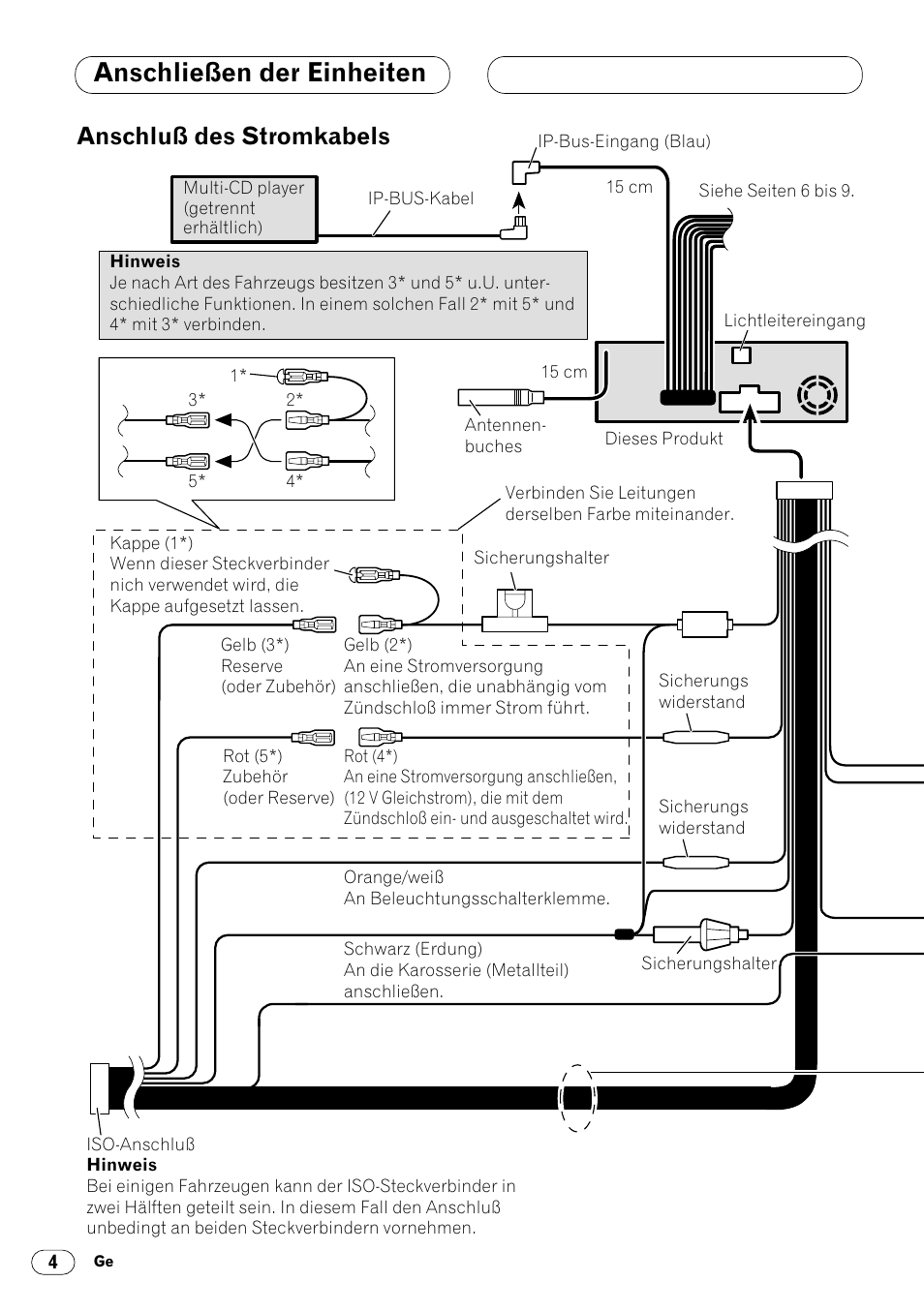 Anschluß des stromkabels 4, Anschließen der einheiten, Anschluß des stromkabels | Pioneer DVH-P7000R User Manual | Page 28 / 76