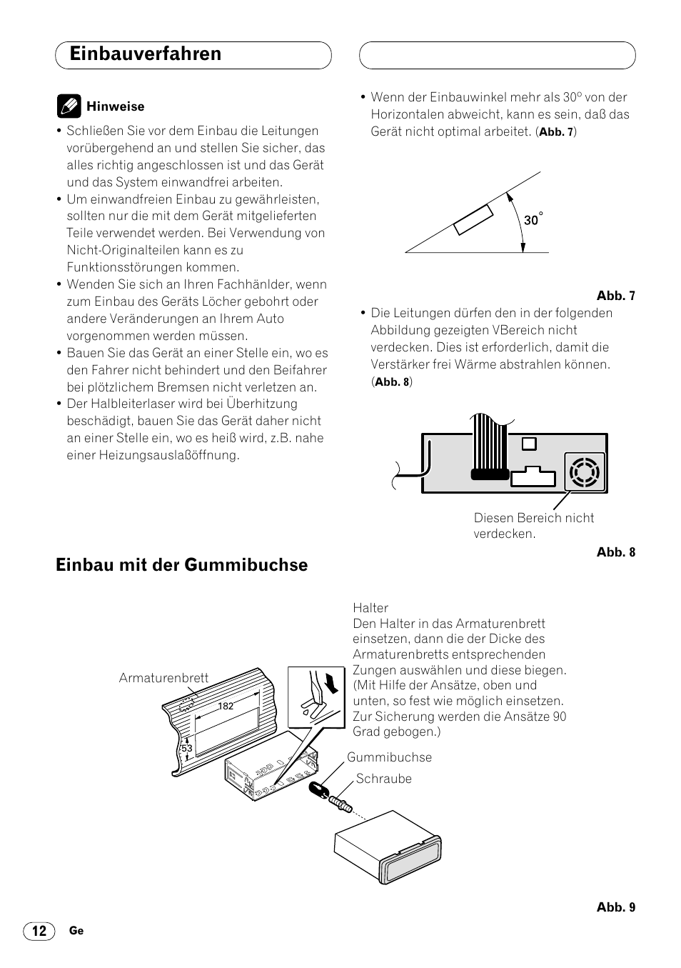 Einbau mit der gummibuchse 12, Einbauverfahren, Einbau mit der gummibuchse | Pioneer DVH-P7000R User Manual | Page 36 / 76