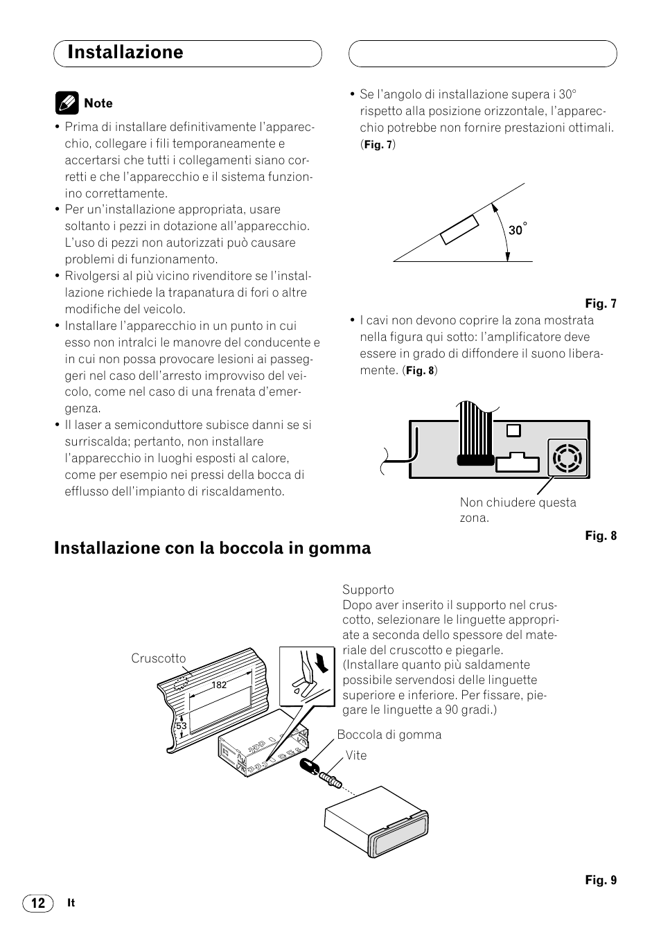 Installazione con la boccola in gomma 12, Installazione, Installazione con la boccola in gomma | Pioneer DVH-P7000R User Manual | Page 60 / 76