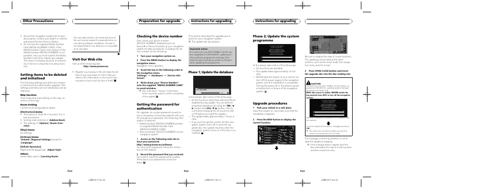 Setting items to be deleted and initialised, Visit our web site, Other precautions | Checking the device number, Getting the password for authentication, Phase 1; update the database, Preparation for upgrade instructions for upgrading, Phase 2; update the system programme, Upgrade procedures, Instructions for upgrading | Pioneer CNDV-900HD User Manual | Page 4 / 6