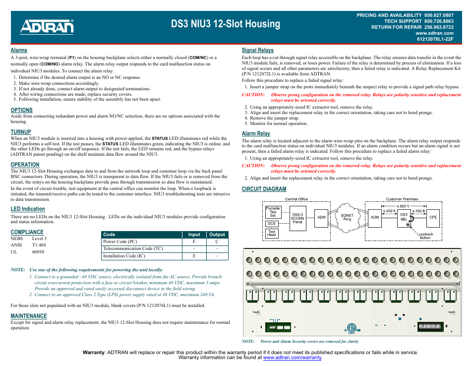 Compliance, Section note, Ds3 niu3 12-slot housing | Alarms, Options, Turnup, Operation, Led indication, Maintenance, Signal relays | ADTRAN NIU3 User Manual | Page 2 / 2