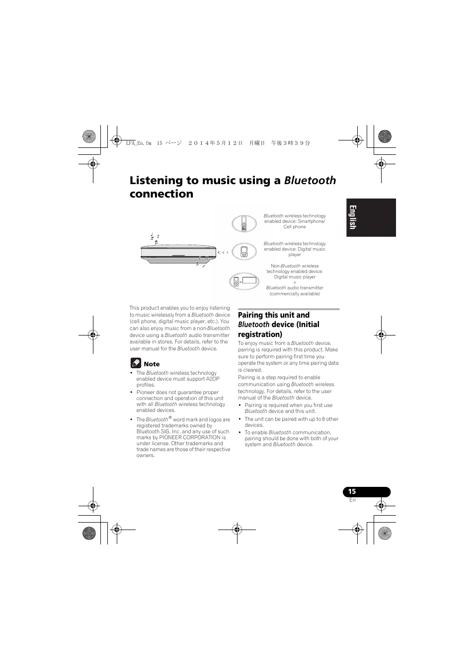 Listening to music using a bluetooth connection, English français español | Pioneer XW-LF1-W User Manual | Page 15 / 92