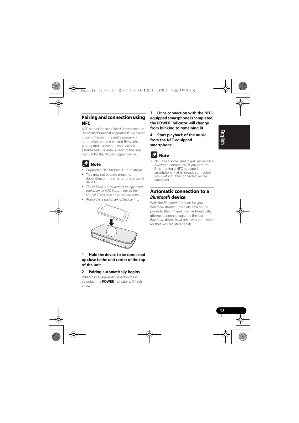 Pairing and connection using nfc, Automatic connection to a bluetooth device, English français español | Pioneer XW-LF1-W User Manual | Page 17 / 92