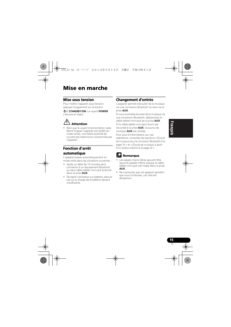 Mise en marche, Mise sous tension, Fonction d’arrêt automatique | Changement d’entrée, English français español | Pioneer XW-LF1-W User Manual | Page 43 / 92