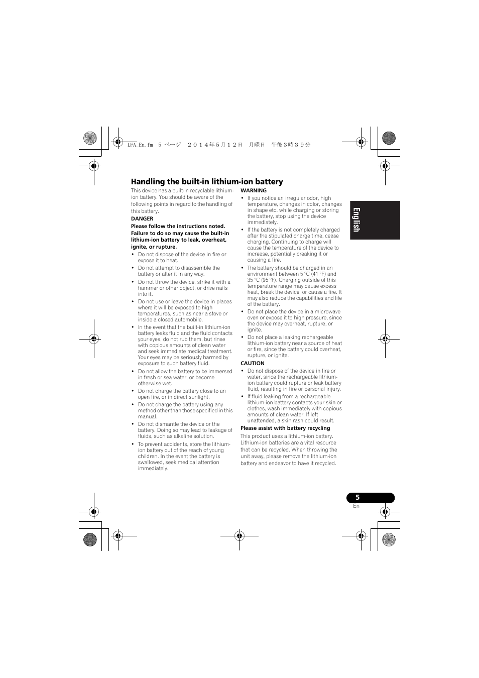 English français español, Handling the built-in lithium-ion battery | Pioneer XW-LF1-W User Manual | Page 5 / 92