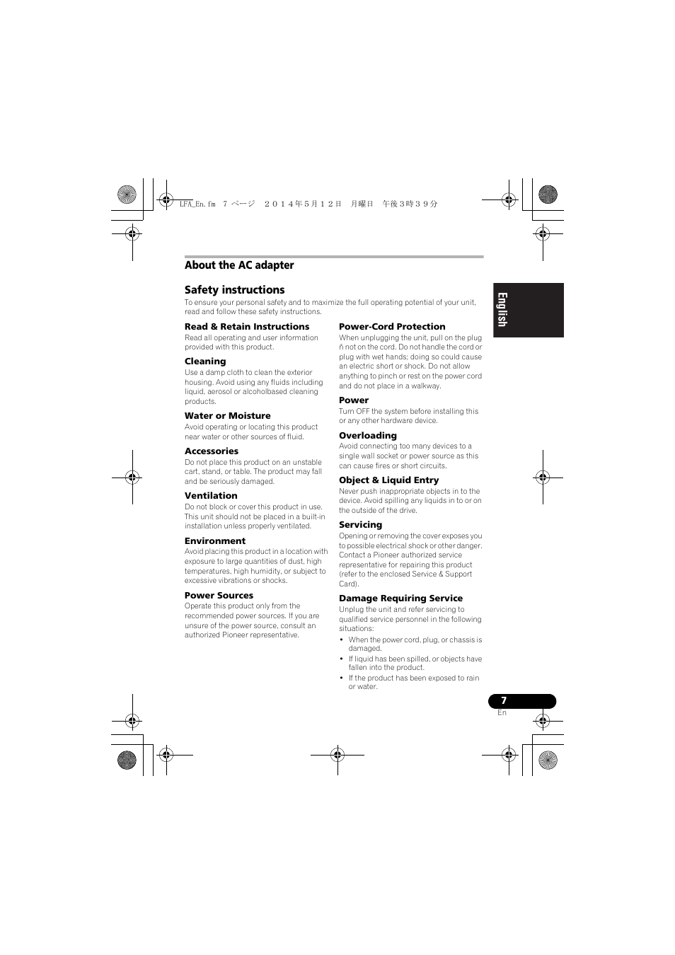 English français español, About the ac adapter safety instructions | Pioneer XW-LF1-W User Manual | Page 7 / 92