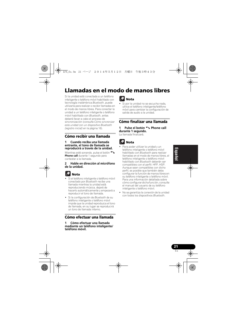 Llamadas en el modo de manos libres, Cómo recibir una llamada, Cómo efectuar una llamada | Cómo finalizar una llamada, English français español | Pioneer XW-LF1-W User Manual | Page 79 / 92