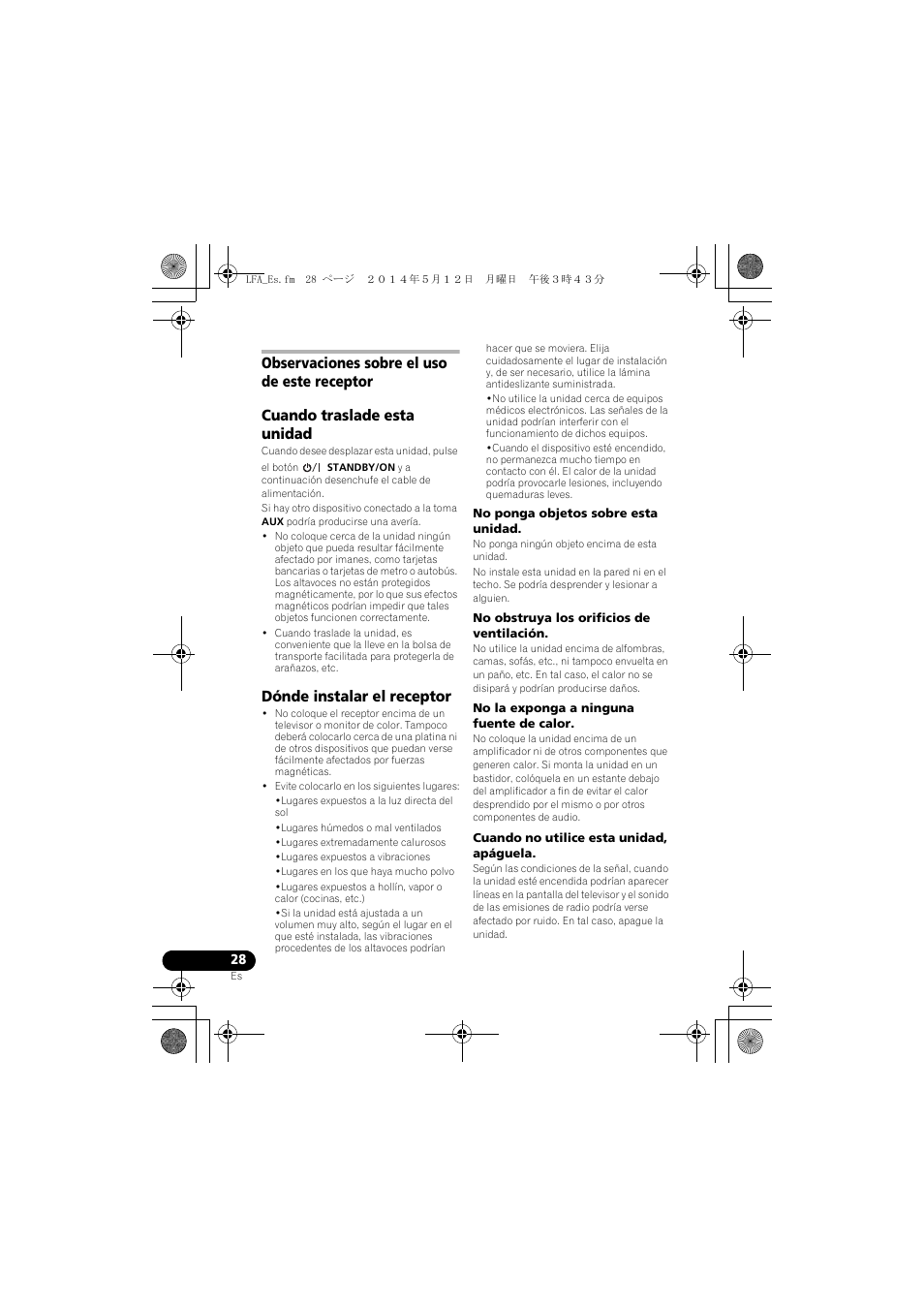 Observaciones sobre el uso de este receptor, Cuando traslade esta unidad, Dónde instalar el receptor | Pioneer XW-LF1-W User Manual | Page 86 / 92