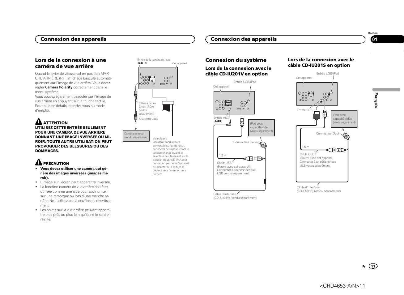 Lors de la connexion à une caméra de vue arrière, Connexion du système, Connexion des appareils | Pioneer AVH-X1500DVD User Manual | Page 11 / 40