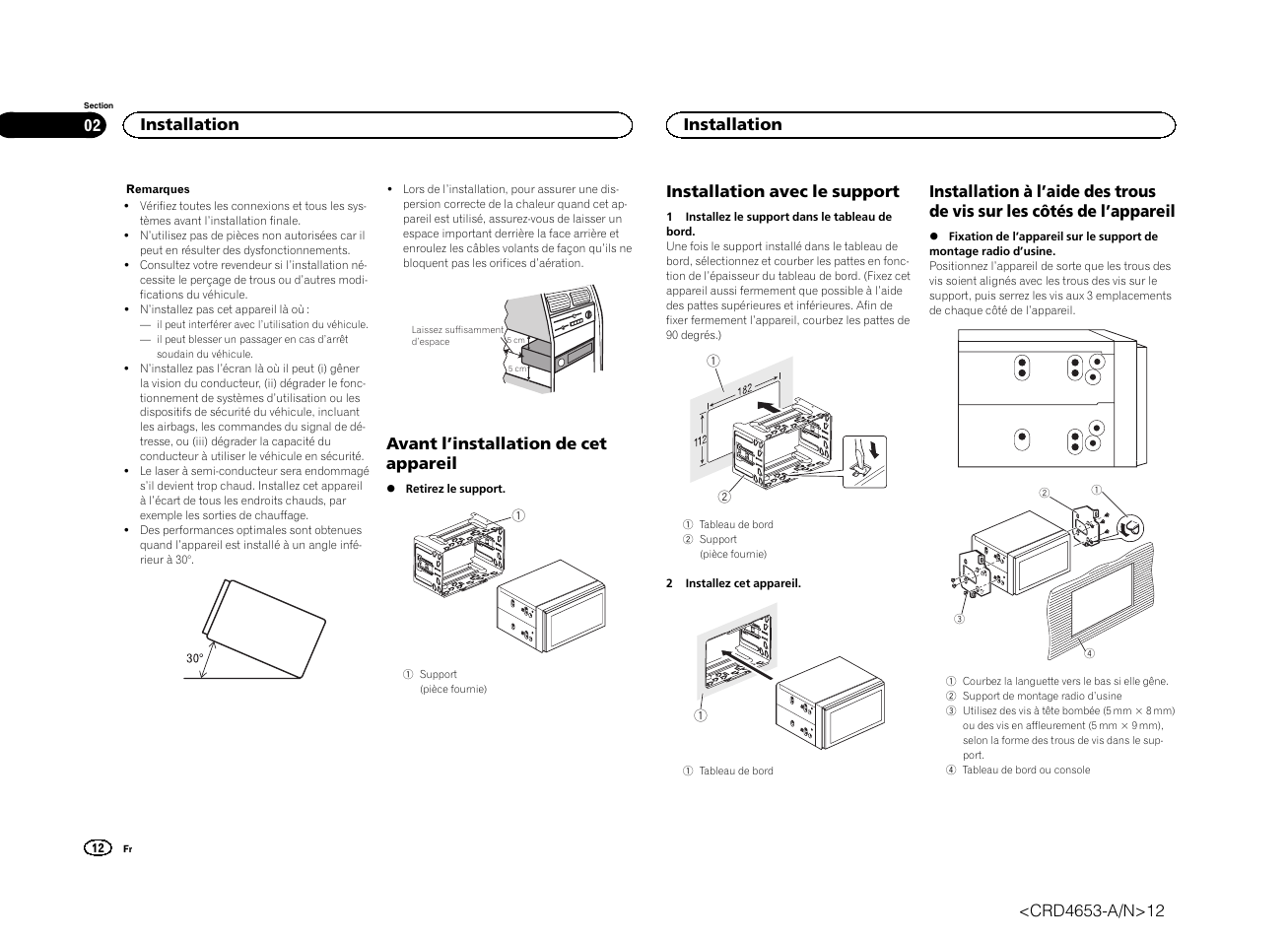 Avant l ’installation de cet appareil, Installation avec le support, Installation | Pioneer AVH-X1500DVD User Manual | Page 12 / 40