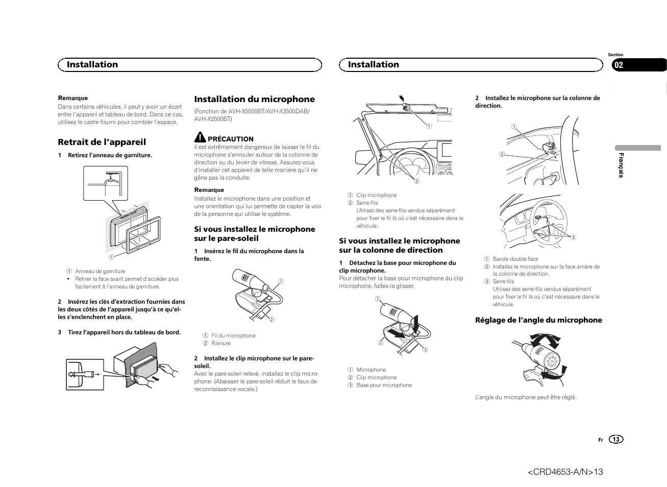 Retrait de l ’appareil, Installation du microphone, Installation | Pioneer AVH-X1500DVD User Manual | Page 13 / 40