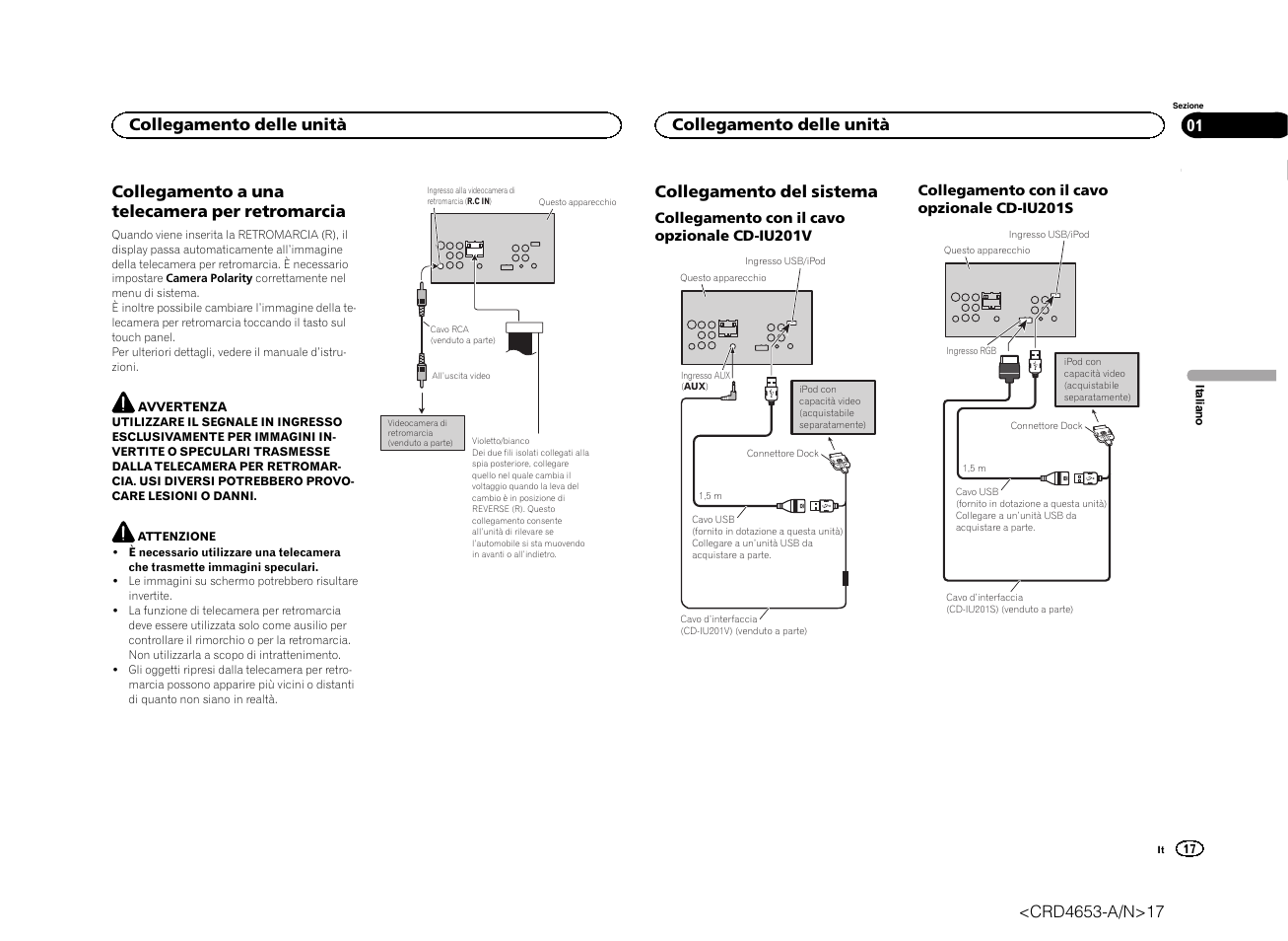 Collegamento a una telecamera per retromarcia, Collegamento del sistema, Collegamento delle unità | Pioneer AVH-X1500DVD User Manual | Page 17 / 40