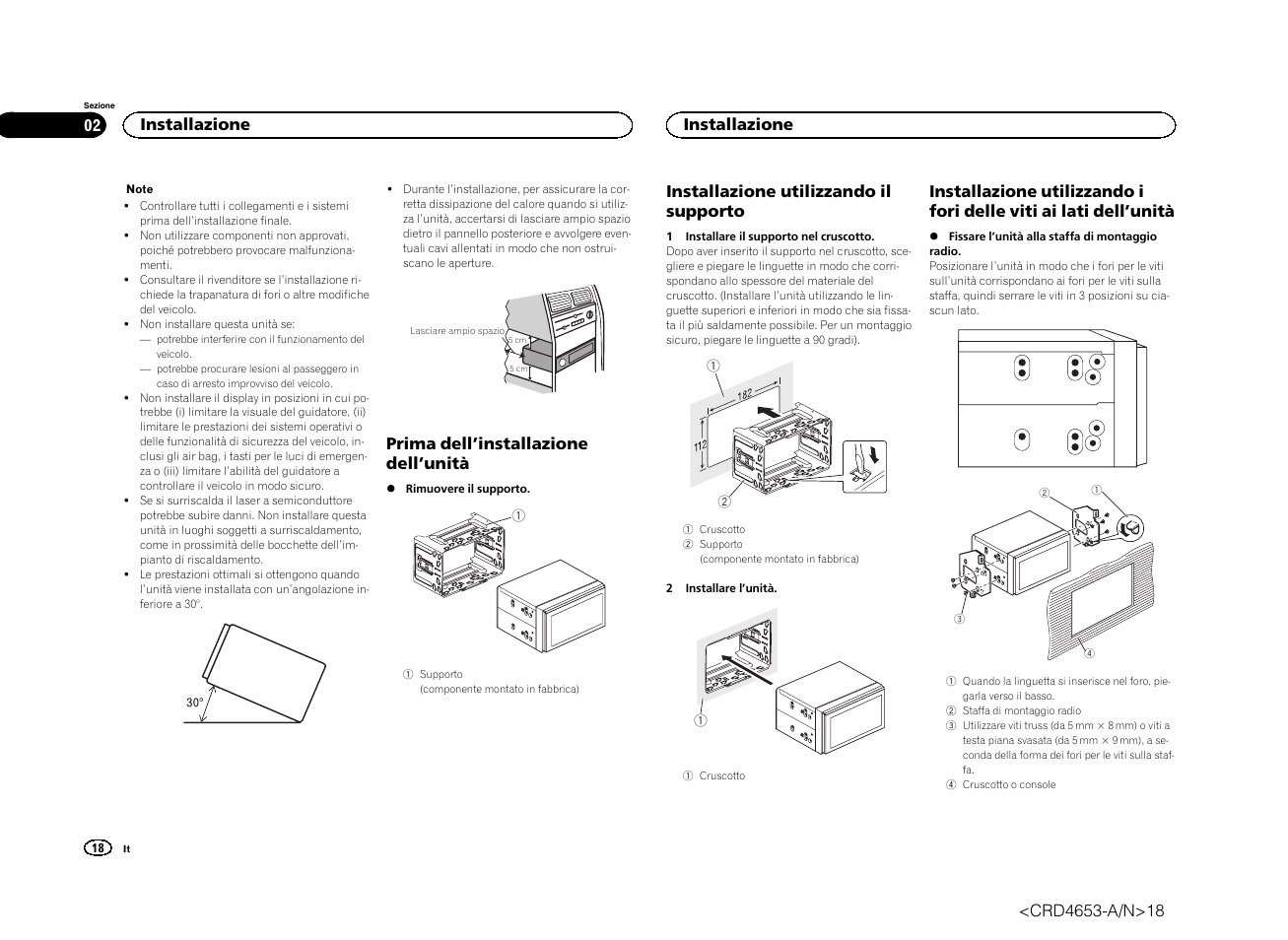 Prima dell ’installazione dell ’unità, Installazione utilizzando il supporto, Installazione | Pioneer AVH-X1500DVD User Manual | Page 18 / 40