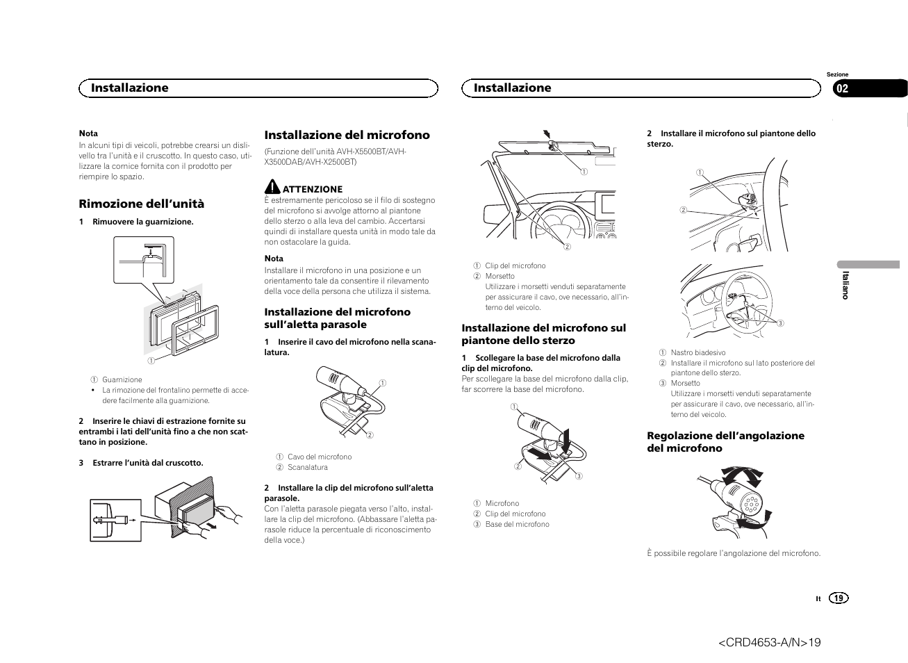 Rimozione dell ’unità, Installazione del microfono, Installazione | Pioneer AVH-X1500DVD User Manual | Page 19 / 40