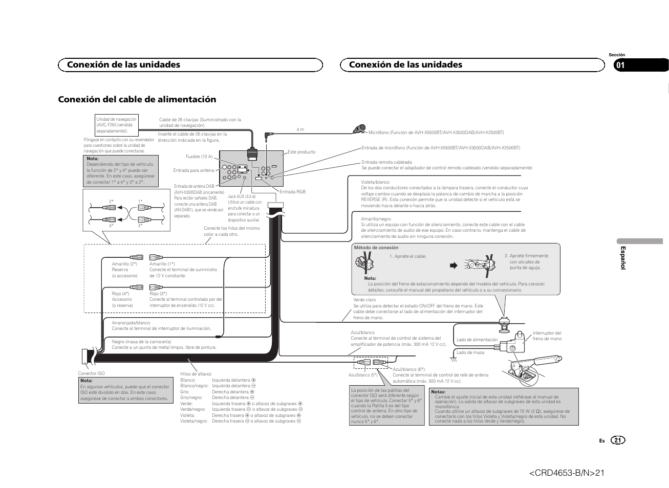 Conexión del cable de alimentación, Conexión de las unidades | Pioneer AVH-X1500DVD User Manual | Page 21 / 40