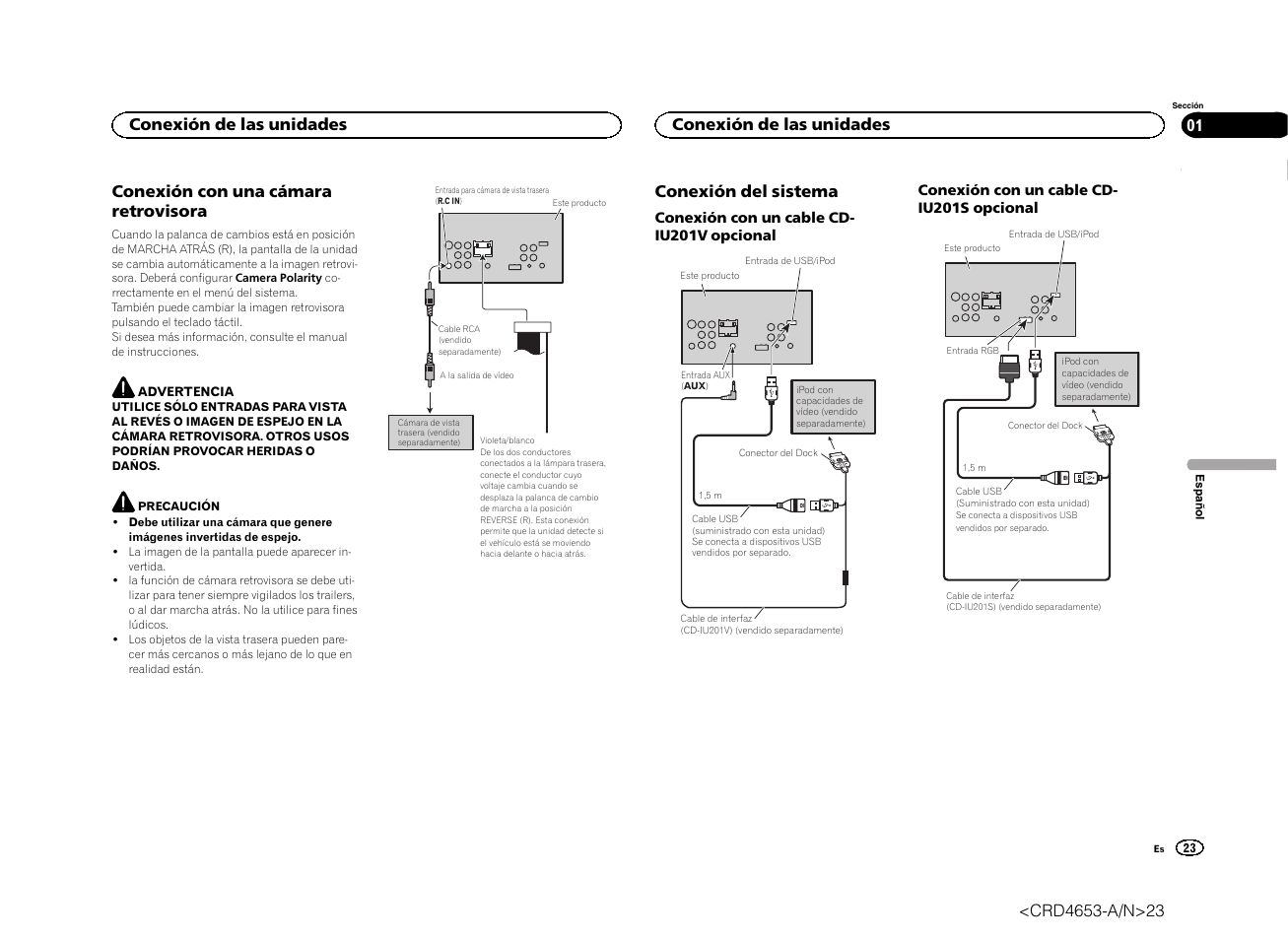 Conexión con una cámara retrovisora, Conexión del sistema, Conexión de las unidades | Pioneer AVH-X1500DVD User Manual | Page 23 / 40