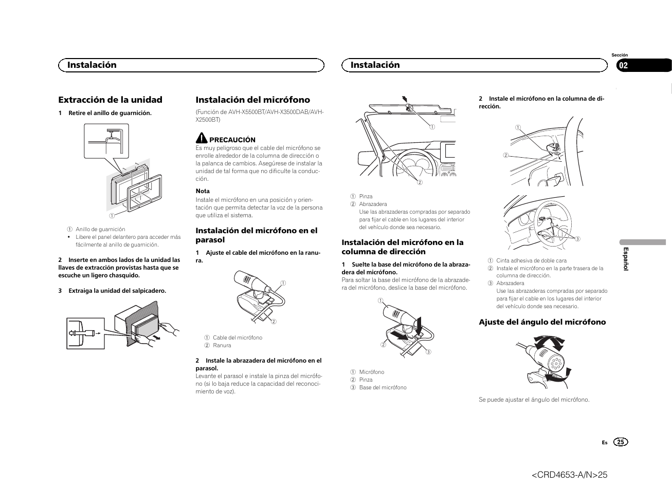 Extracción de la unidad, Instalación del micrófono, Instalación | Pioneer AVH-X1500DVD User Manual | Page 25 / 40