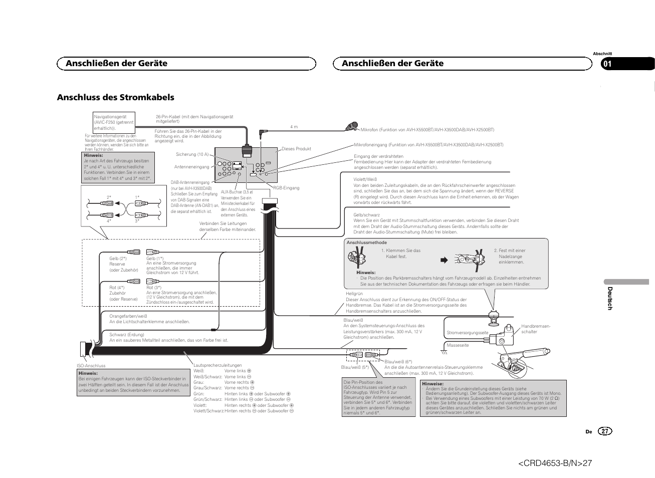 Anschluss des stromkabels, Anschließen der geräte | Pioneer AVH-X1500DVD User Manual | Page 27 / 40