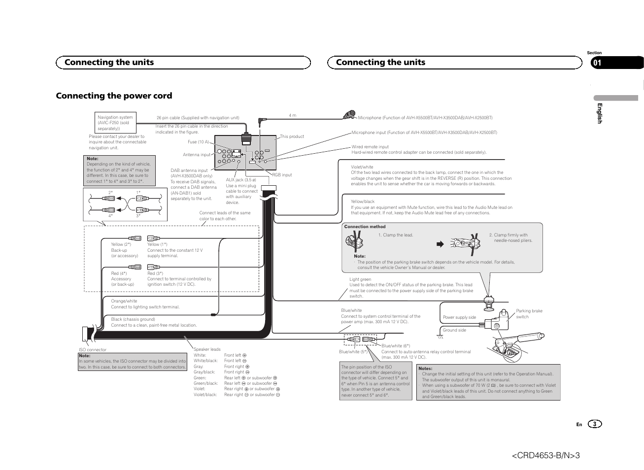 Connecting the power cord, Connecting the units | Pioneer AVH-X1500DVD User Manual | Page 3 / 40