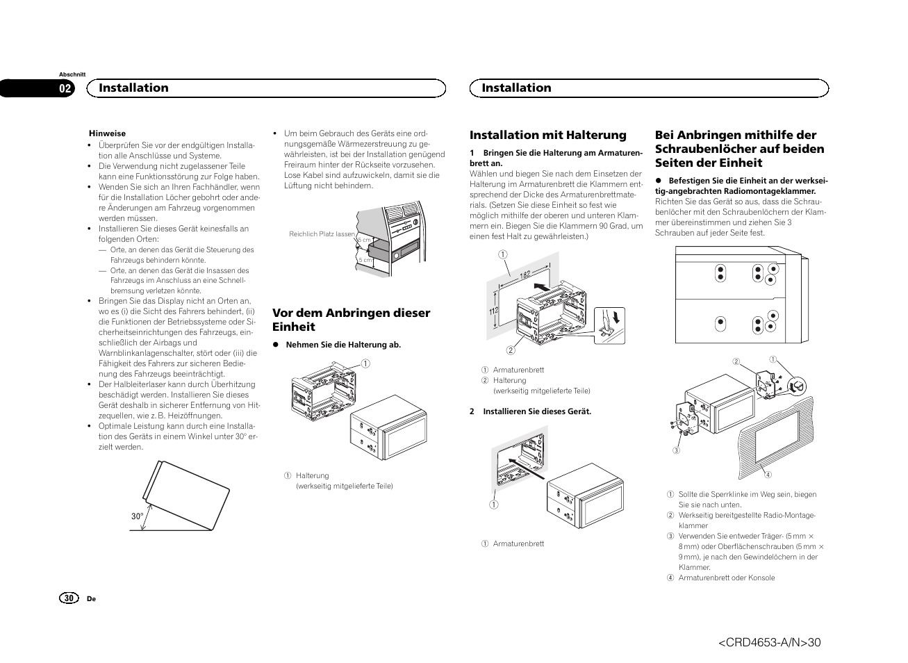 Vor dem anbringen dieser einheit, Installation mit halterung, Installation | Pioneer AVH-X1500DVD User Manual | Page 30 / 40