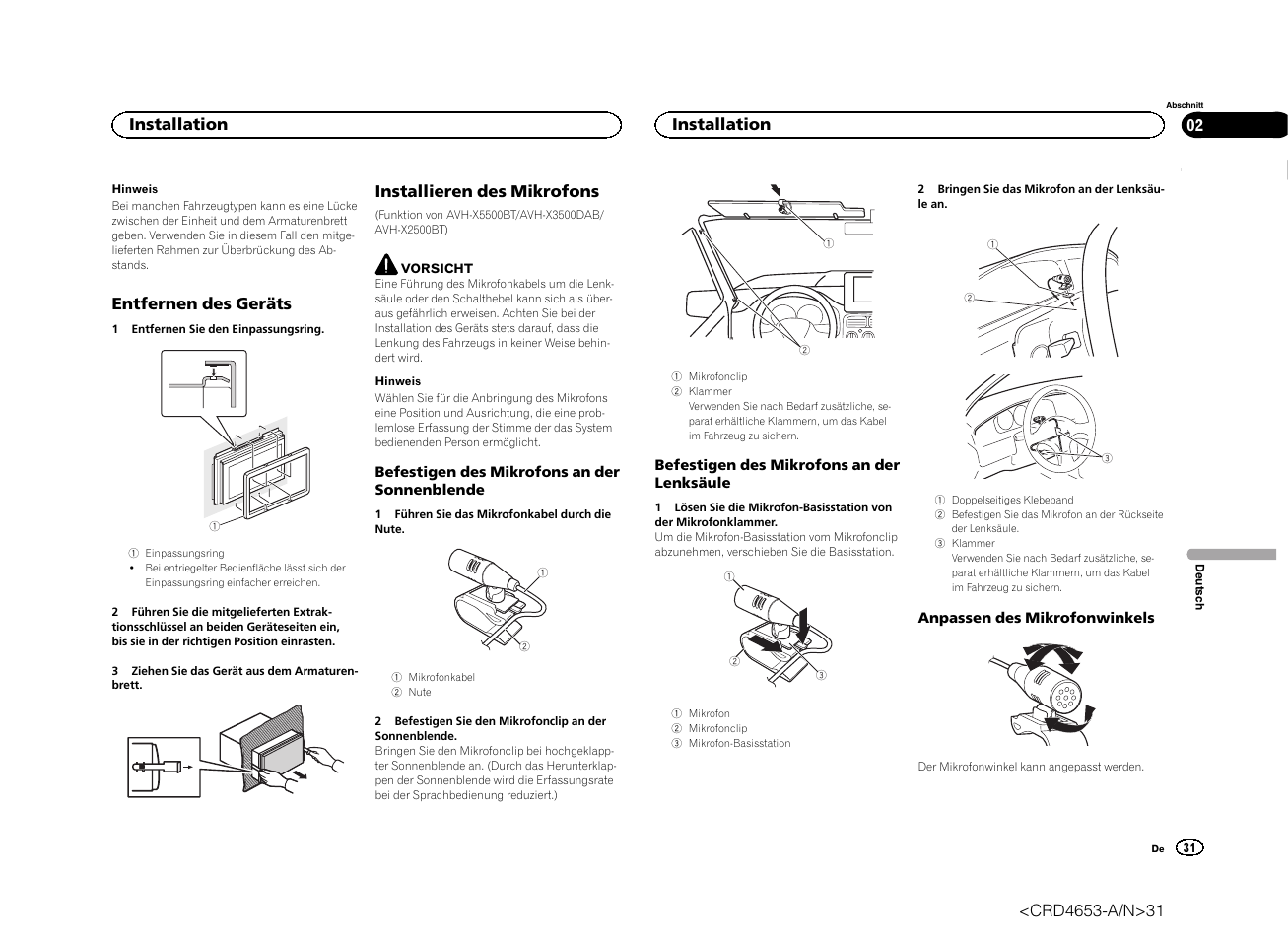 Entfernen des geräts, Installieren des mikrofons, Installation | Pioneer AVH-X1500DVD User Manual | Page 31 / 40