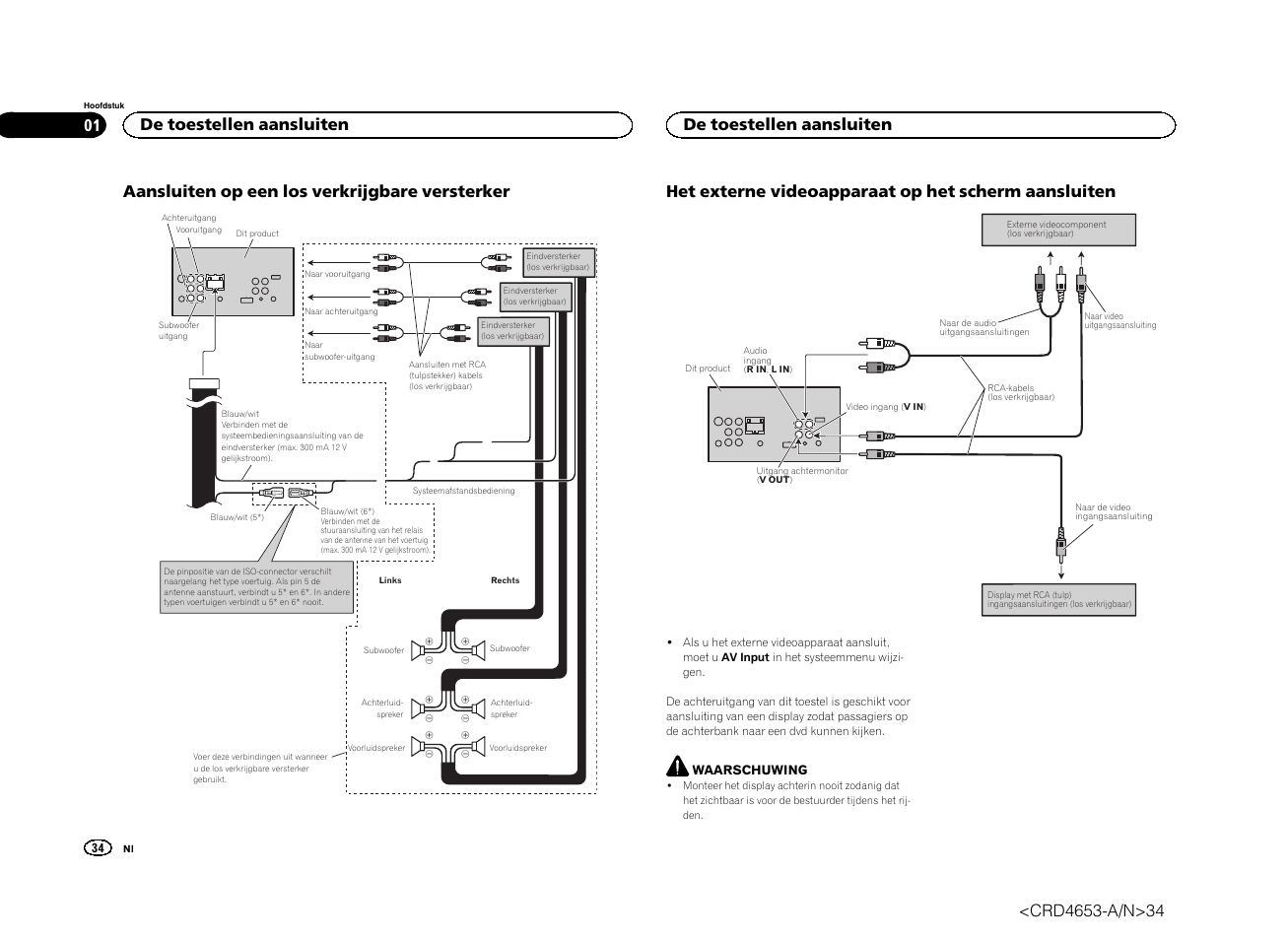 Aansluiten op een los verkrijgbare versterker, Het externe videoapparaat op het scherm aansluiten, De toestellen aansluiten | Pioneer AVH-X1500DVD User Manual | Page 34 / 40