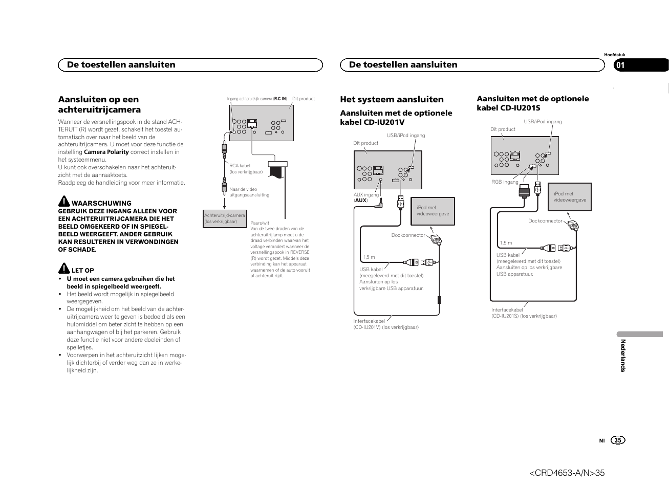 Aansluiten op een achteruitrijcamera, Het systeem aansluiten, De toestellen aansluiten | Pioneer AVH-X1500DVD User Manual | Page 35 / 40