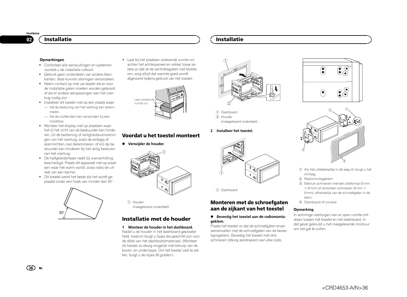 Voordat u het toestel monteert, Installatie met de houder, Installatie | Pioneer AVH-X1500DVD User Manual | Page 36 / 40