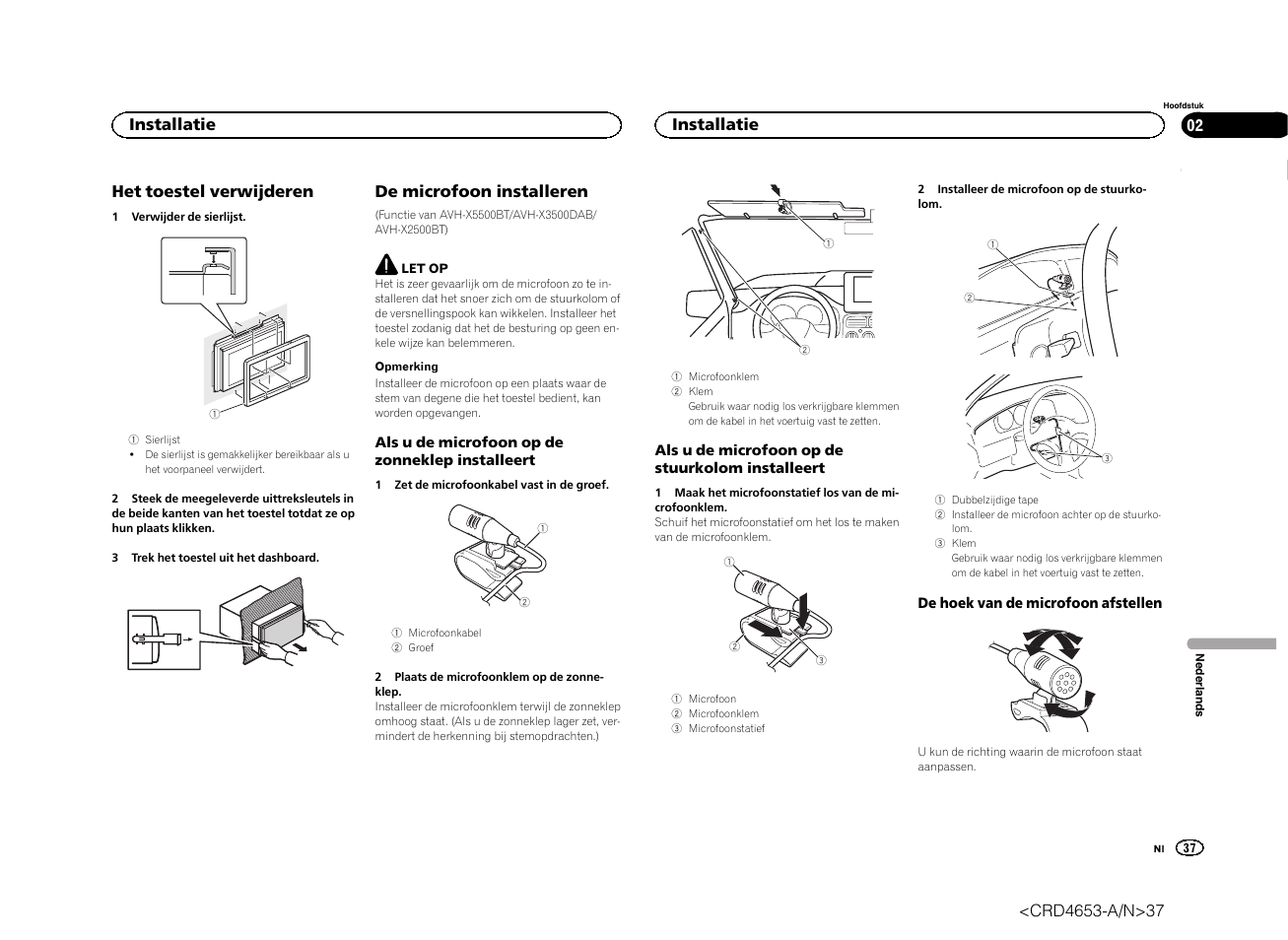 Het toestel verwijderen, De microfoon installeren, Installatie | Pioneer AVH-X1500DVD User Manual | Page 37 / 40