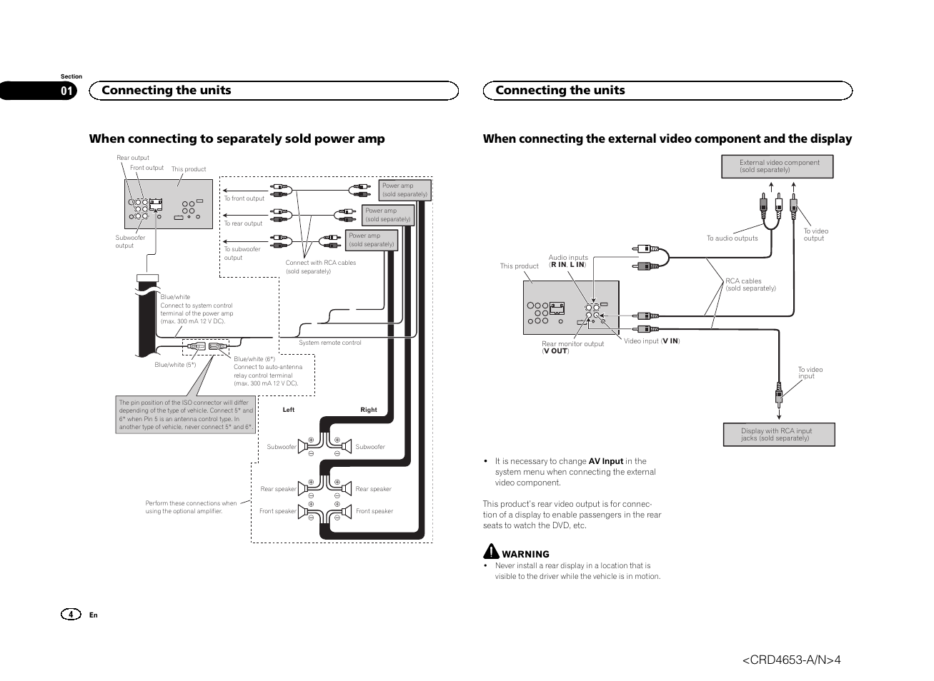 When connecting to separately sold power amp, Connecting the units | Pioneer AVH-X1500DVD User Manual | Page 4 / 40