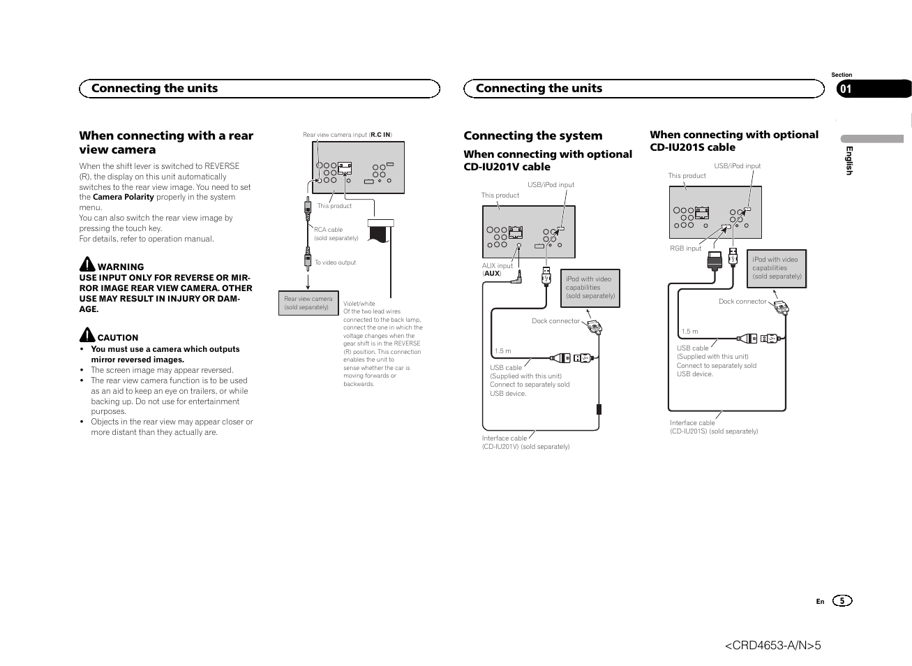 When connecting with a rear view camera, Connecting the system, Connecting the units | Pioneer AVH-X1500DVD User Manual | Page 5 / 40