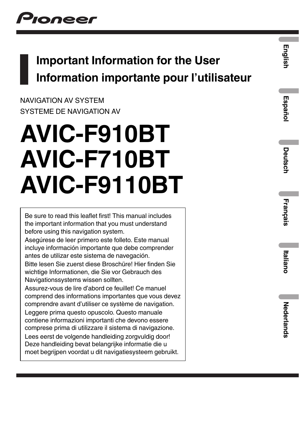 Pioneer AVIC-F9110BT User Manual | 108 pages