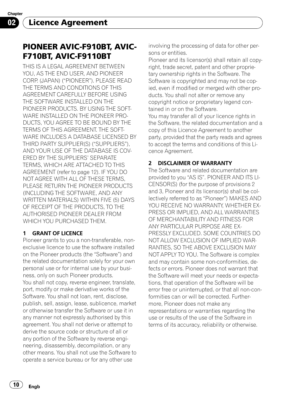 F9110bt, Licence agreement | Pioneer AVIC-F9110BT User Manual | Page 10 / 108