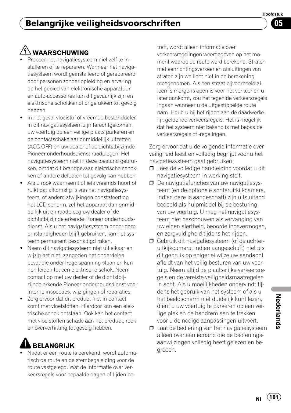 Belangrijke veiligheidsvoorschriften | Pioneer AVIC-F9110BT User Manual | Page 101 / 108