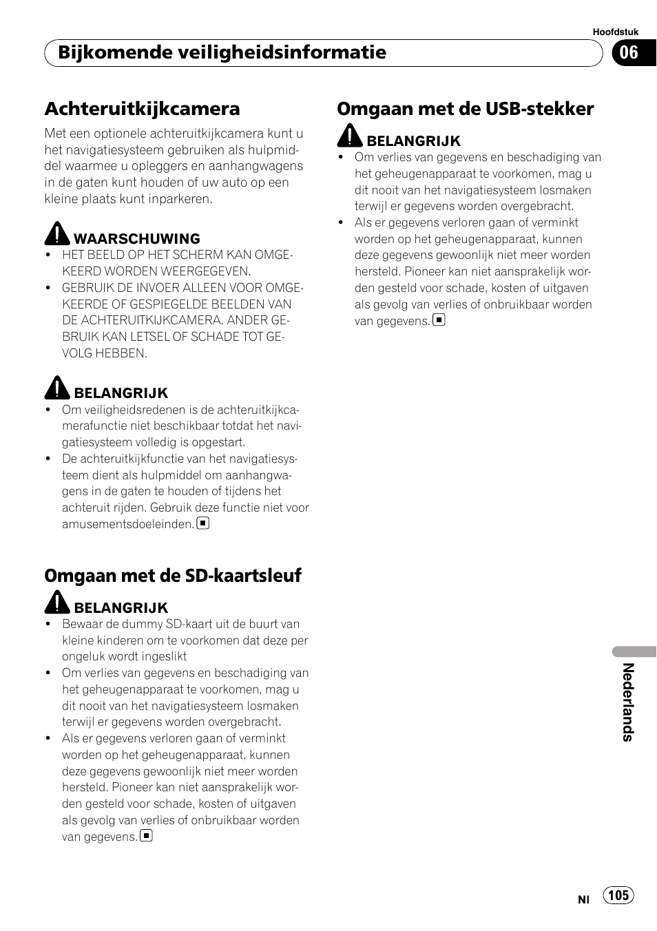 Achteruitkijkcamera, Omgaan met de sd-kaartsleuf, Omgaan met de usb-stekker | Bijkomende veiligheidsinformatie | Pioneer AVIC-F9110BT User Manual | Page 105 / 108