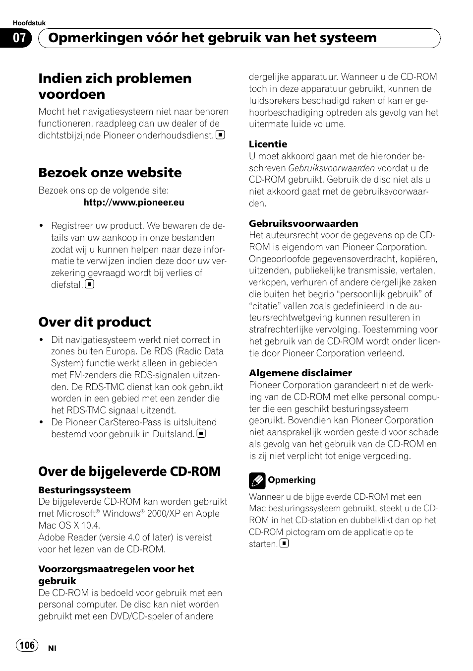 Bezoek onze website, Over dit product, Over de bijgeleverde cd-rom | Indien zich problemen voordoen, Opmerkingen vóór het gebruik van het systeem | Pioneer AVIC-F9110BT User Manual | Page 106 / 108
