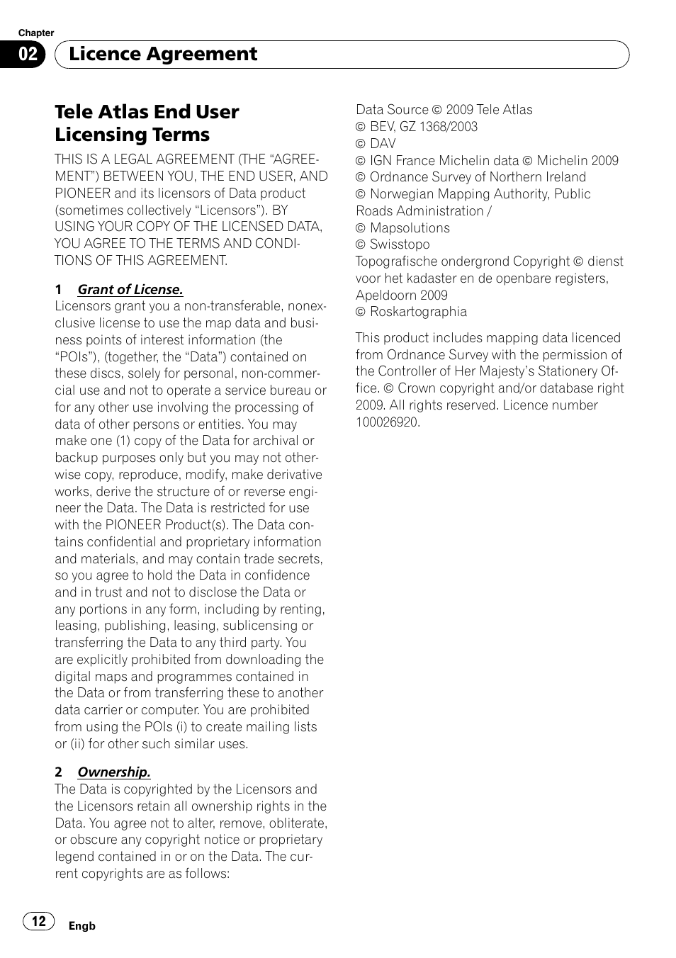 Tele atlas end user licensing terms, Licence agreement | Pioneer AVIC-F9110BT User Manual | Page 12 / 108