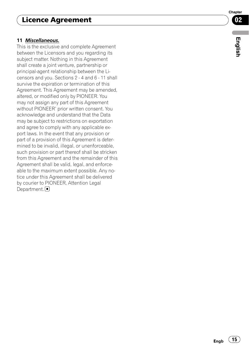 Licence agreement | Pioneer AVIC-F9110BT User Manual | Page 15 / 108