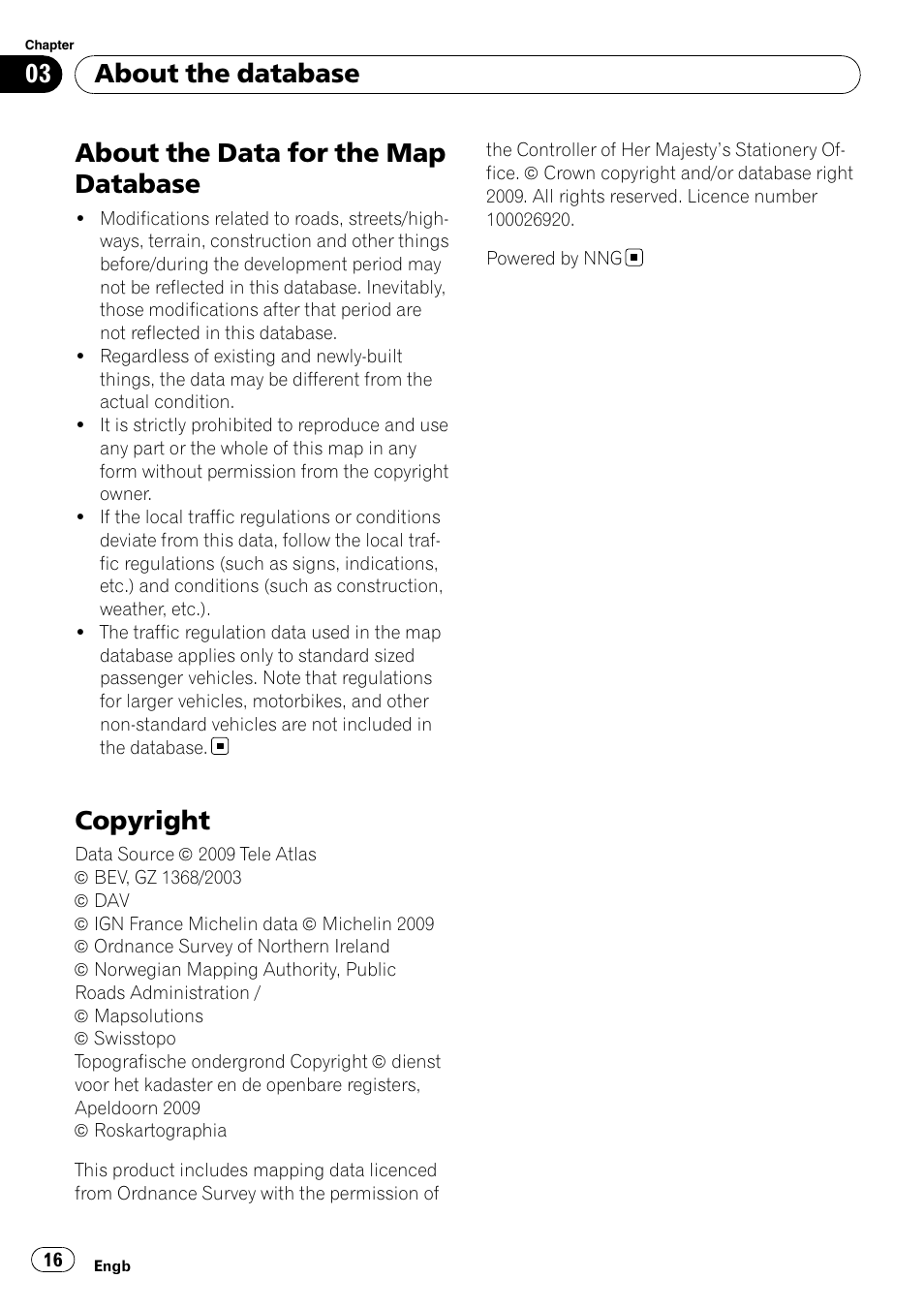Copyright, About the data for the map database, About the database | Pioneer AVIC-F9110BT User Manual | Page 16 / 108