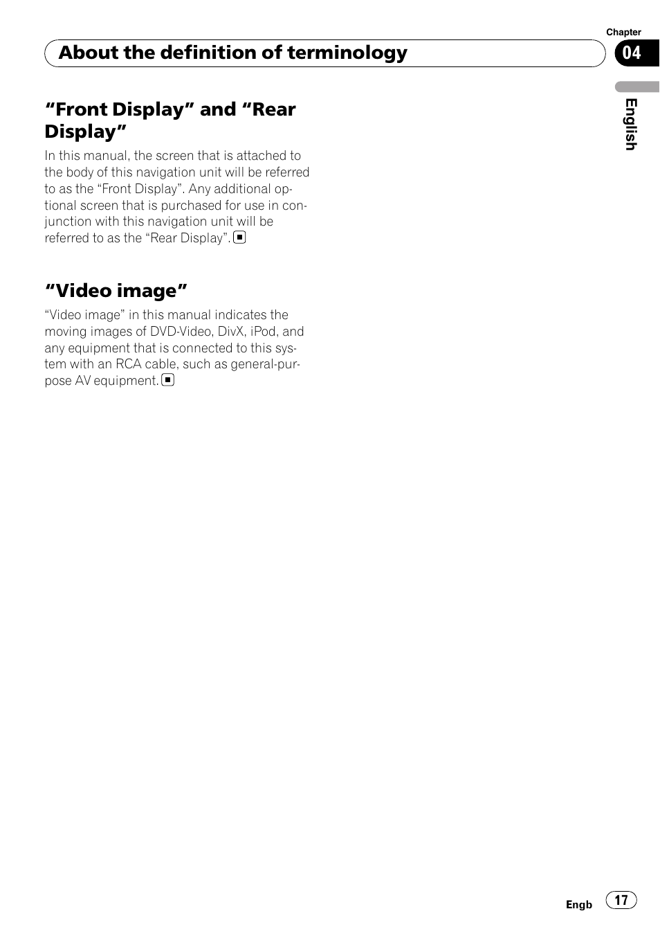 Front display” and “rear display, Video image, About the definition of terminology | Pioneer AVIC-F9110BT User Manual | Page 17 / 108