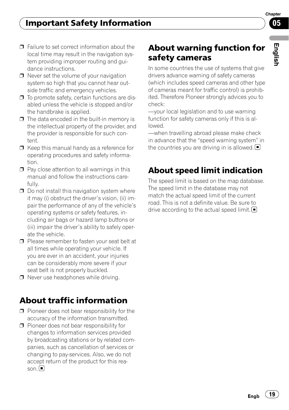 About traffic information, About warning function for safety, Cameras | About speed limit indication, About warning function for safety cameras, Important safety information | Pioneer AVIC-F9110BT User Manual | Page 19 / 108