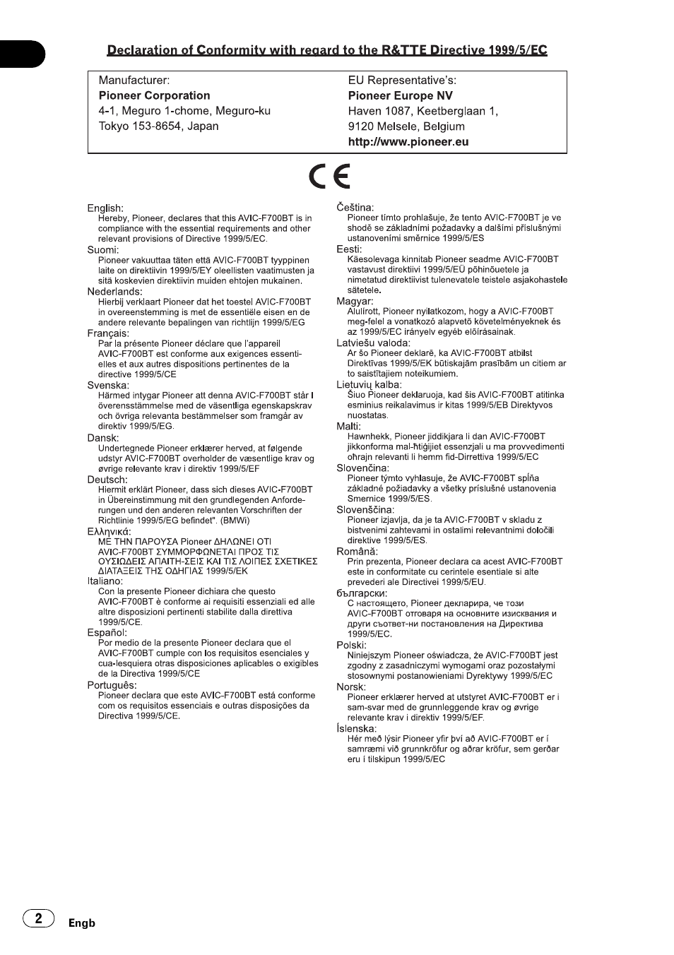 Pioneer AVIC-F9110BT User Manual | Page 2 / 108