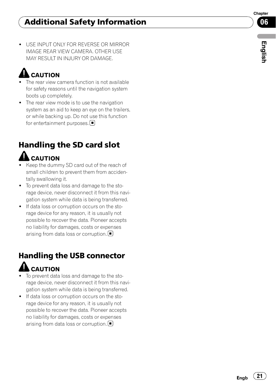 Handling the sd card slot, Handling the usb connector, Additional safety information | Pioneer AVIC-F9110BT User Manual | Page 21 / 108