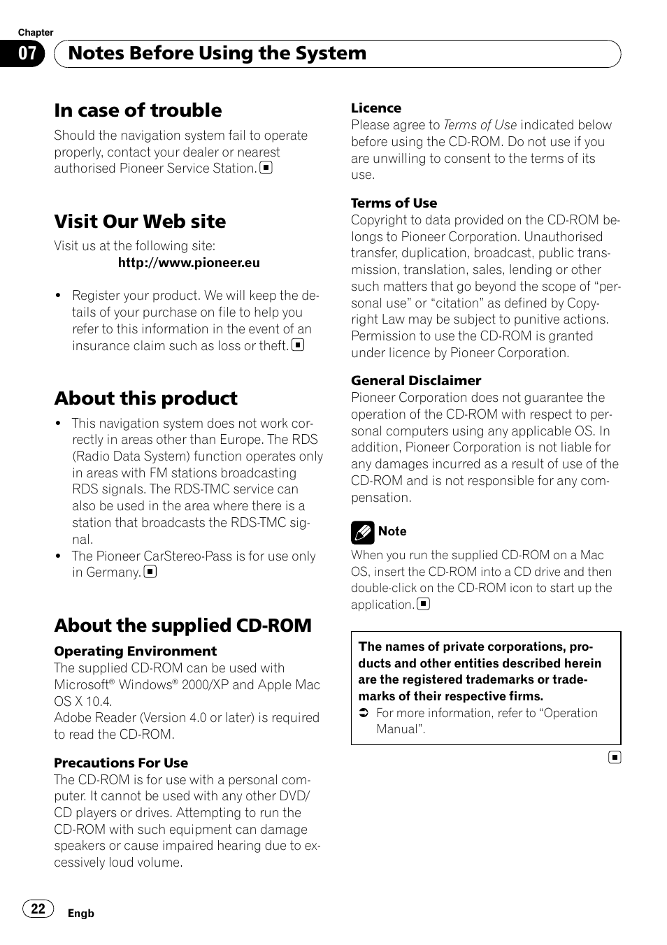 Notes before using the system in case of trouble, Visit our web site, About this product | About the supplied cd-rom | Pioneer AVIC-F9110BT User Manual | Page 22 / 108