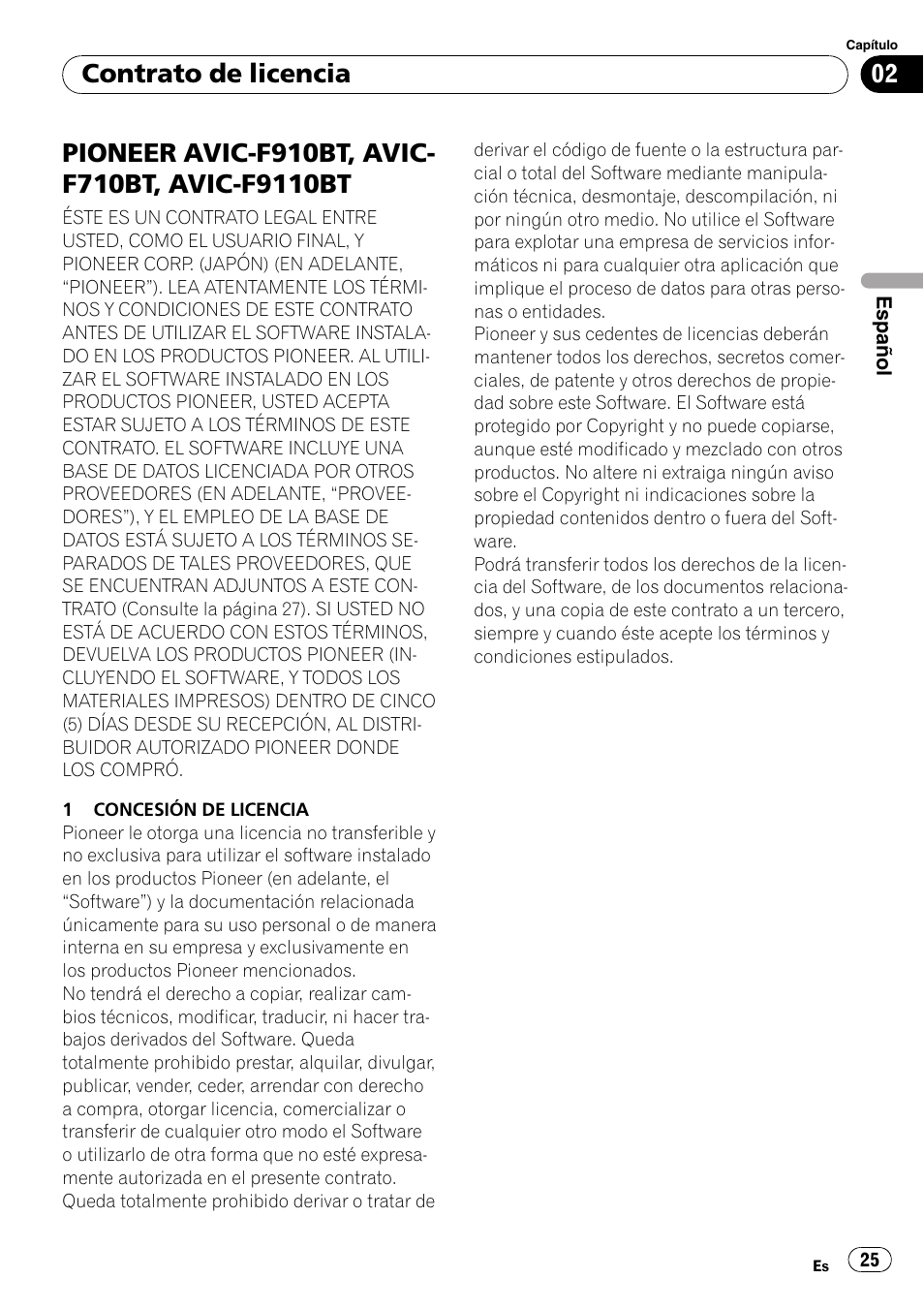 F9110bt, Contrato de licencia | Pioneer AVIC-F9110BT User Manual | Page 25 / 108
