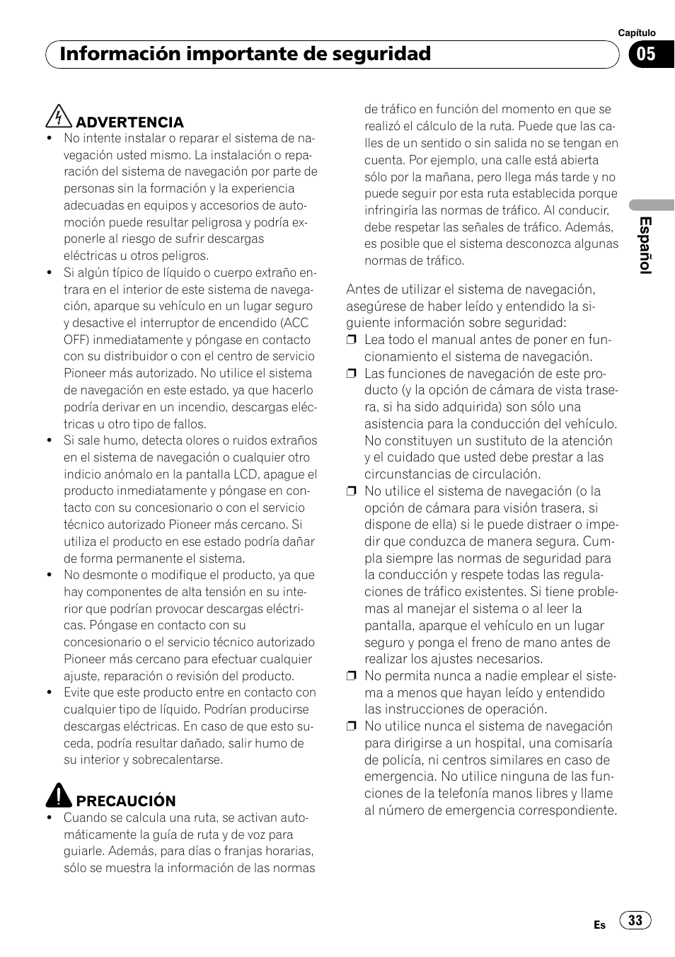 Información importante de seguridad | Pioneer AVIC-F9110BT User Manual | Page 33 / 108