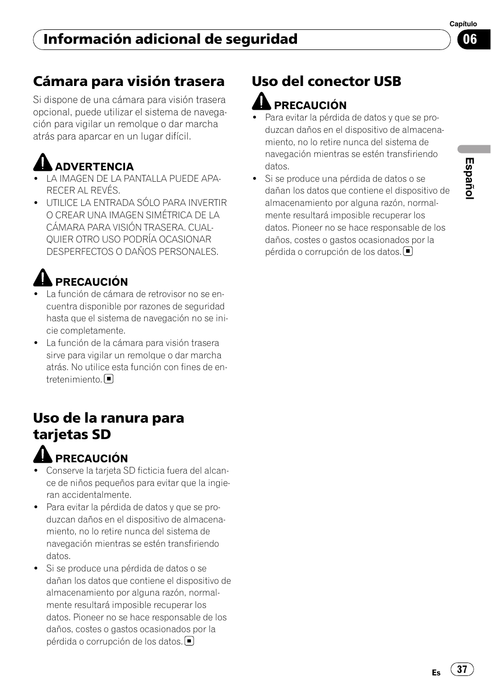 Cámara para visión trasera, Uso de la ranura para tarjetas sd, Uso del conector usb | Información adicional de seguridad | Pioneer AVIC-F9110BT User Manual | Page 37 / 108