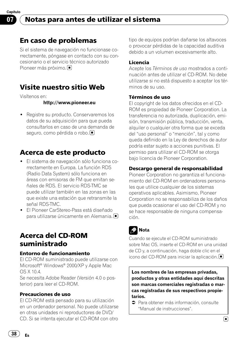Visite nuestro sitio web, Acerca de este producto, Acerca del cd-rom suministrado | En caso de problemas, Notas para antes de utilizar el sistema | Pioneer AVIC-F9110BT User Manual | Page 38 / 108